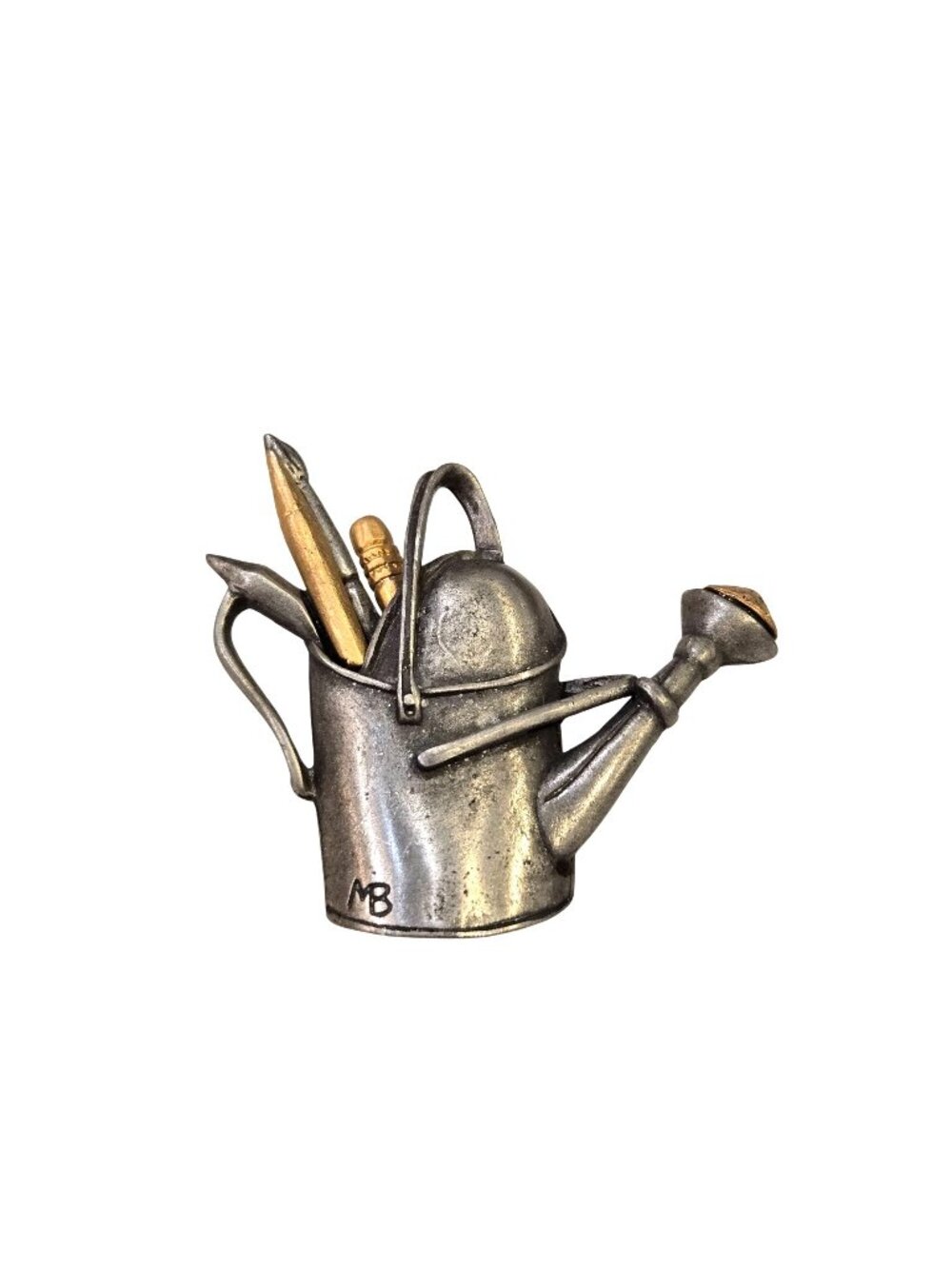 Marjolein Bastin Pewter Watering Can Gardening Brooch Gold Tone Art Supplies Vtg